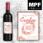 Personalised Birthday Wine Bottle Label - Any Name, Age & Message - Flowers (Pink)